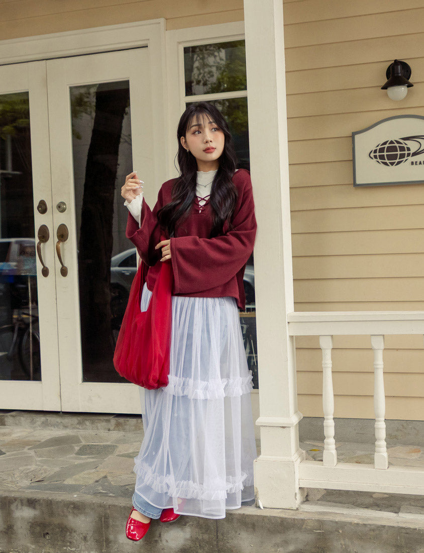 V-Neck Tie Flare Sleeve Plus Size Knit Top