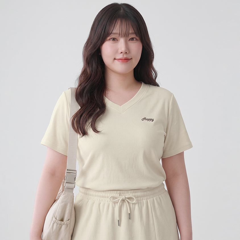 Soft Stretch Cotton Minimal Embroidered V-Neck Plus Size Tee