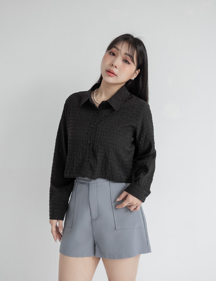 MISS. Sheer Plaid Cropped Plus Size Long Sleeve Shirt
