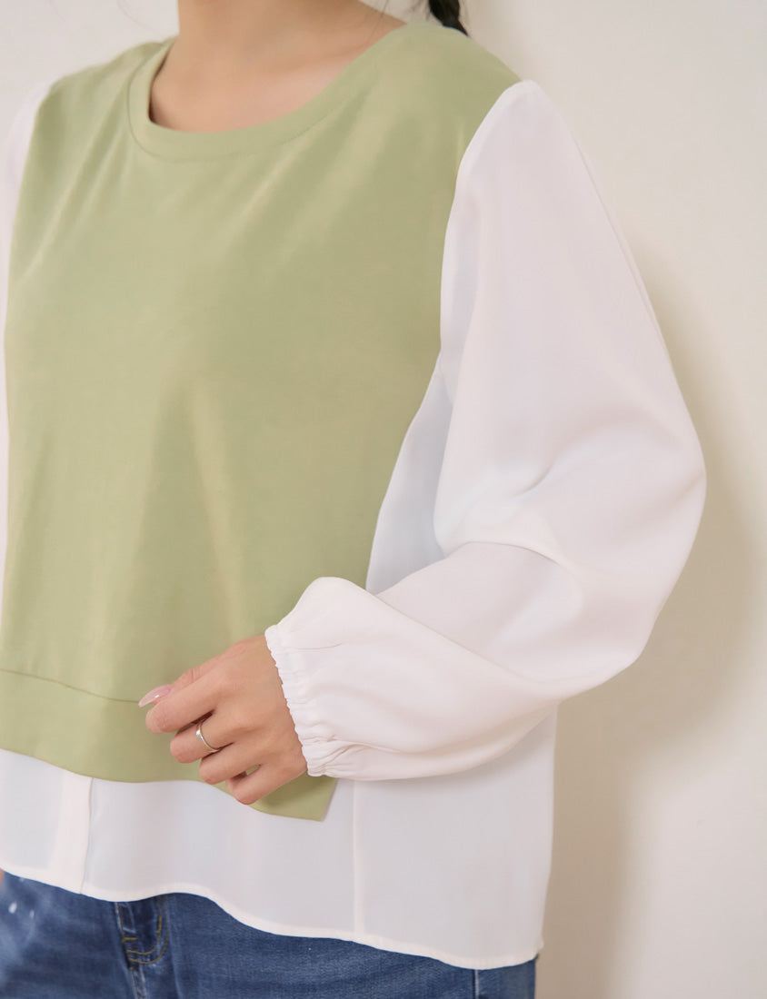 Crewneck Puff Sleeve Faux Two Piece Plus Size Long Sleeve Top