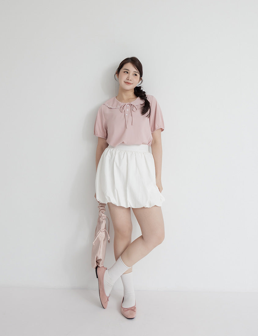 Cute Bow Embroidered Collared Plus Size Top