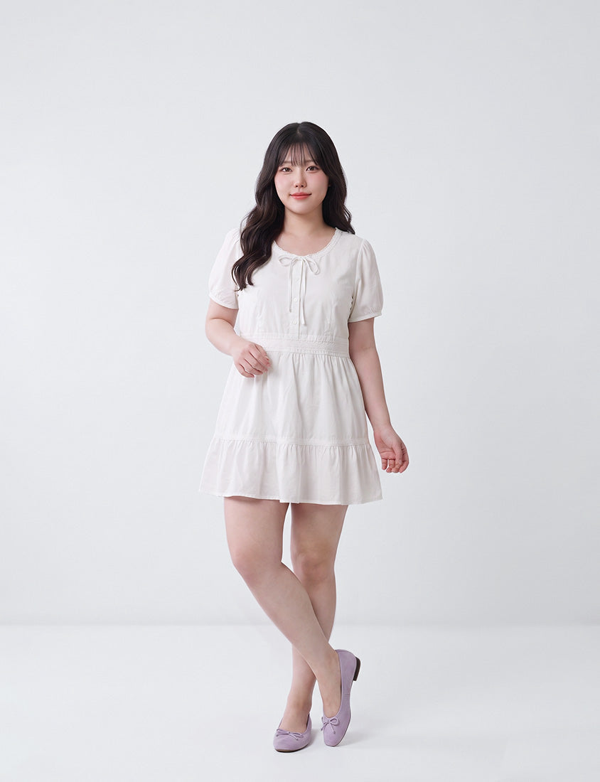 Tie Crew Neck Lace Panel Plus Size Mini Dress