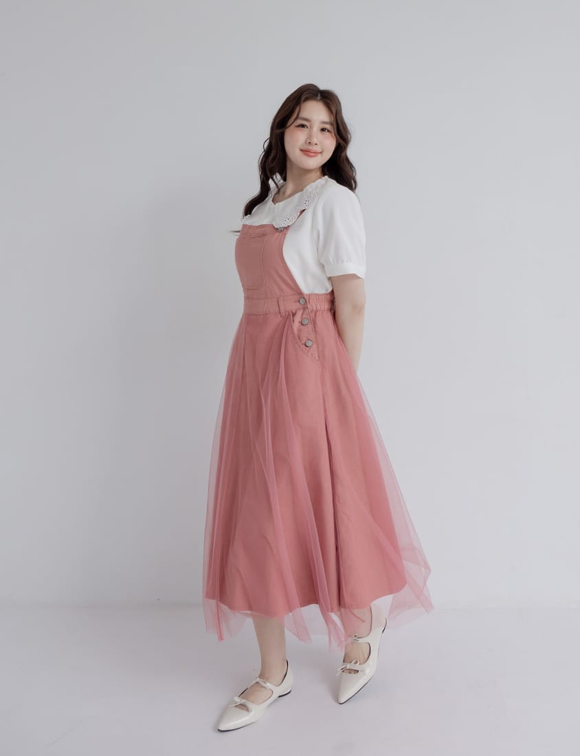 Sweet Adjustable Twill Strap Tulle Panel Plus Size Dress