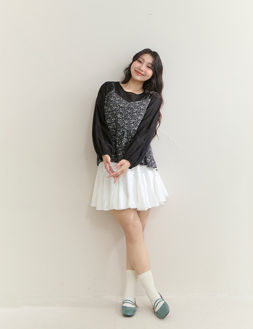 Floral Faux Two Piece Sheer Plus Size Long Sleeve Top