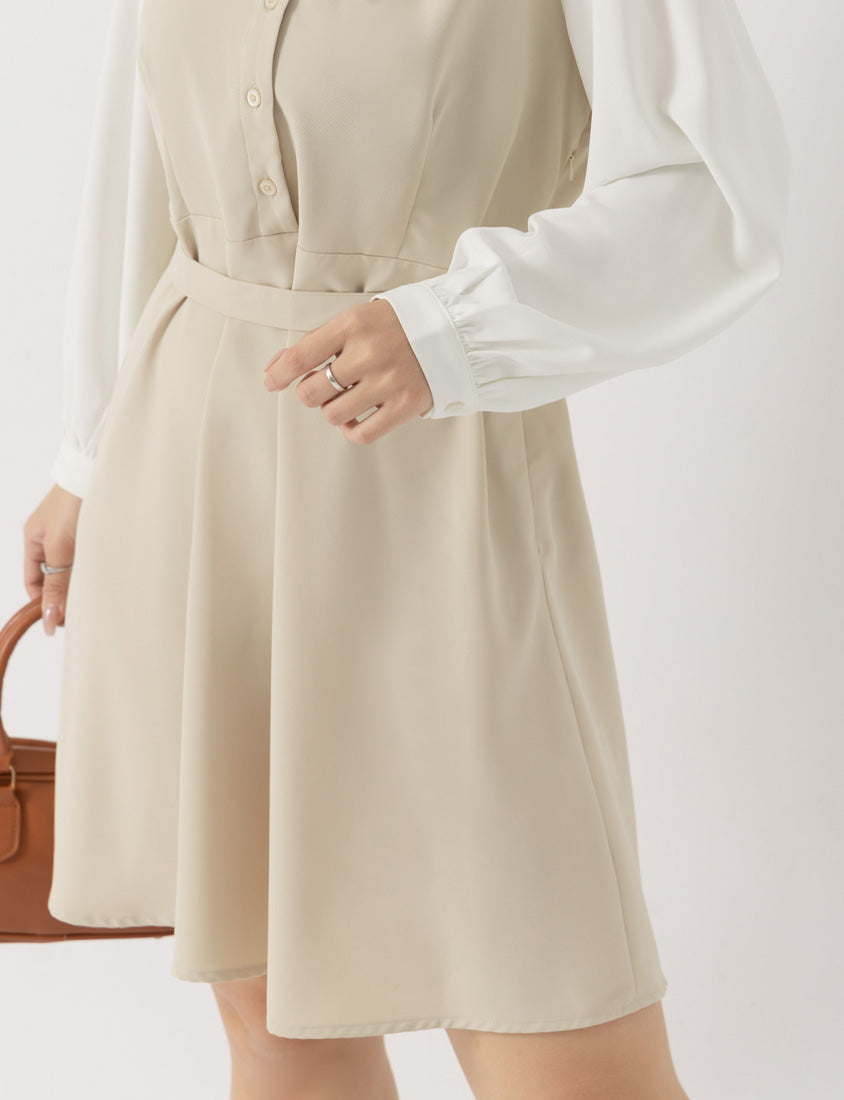 MISS. Faux Two Piece Chiffon Plus Size Long Sleeve Dress (With Waist Tie)