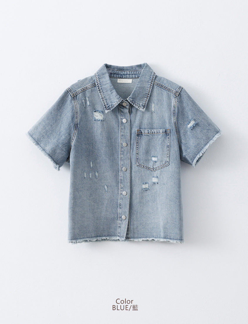 Tencel Silky Denim Distressed Plus Size Shirt Jacket