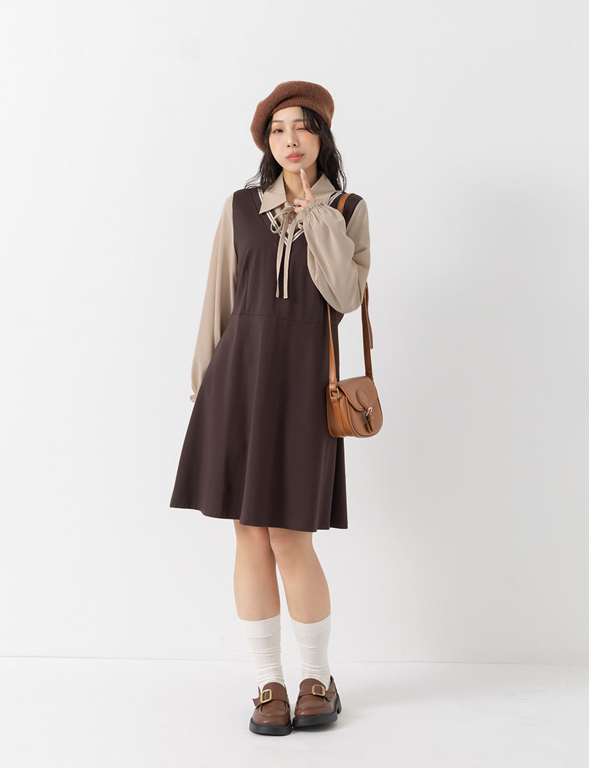 Preppy Contrast Color Faux Two-Piece Plus Size Mini Dress (With Tie)