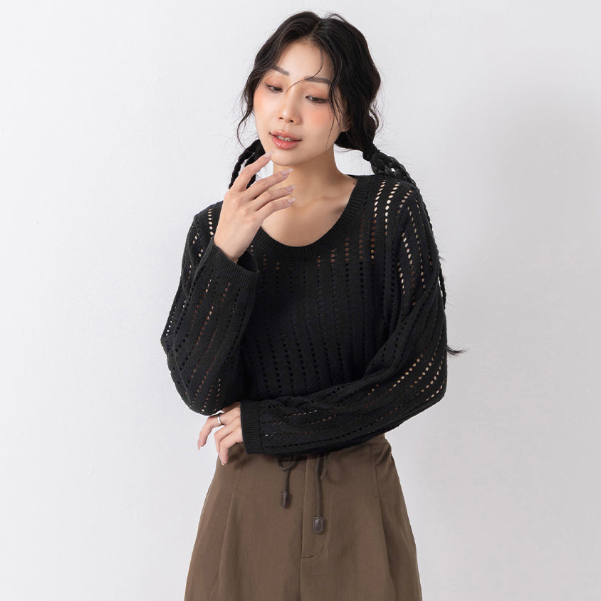 Crew Neck Openwork Ribbed Knit Long Sleeve Plus Size Top
