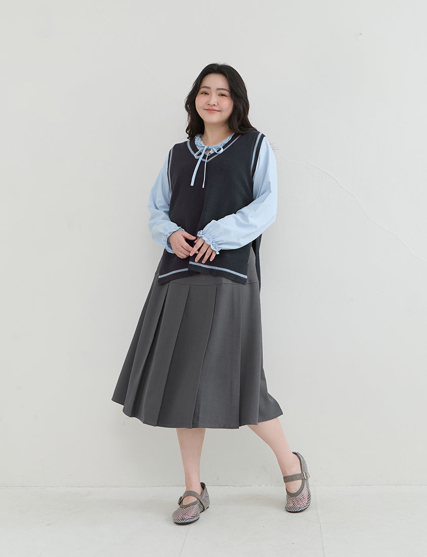 Preppy Wide Pleated Plus Size Midi Skirt
