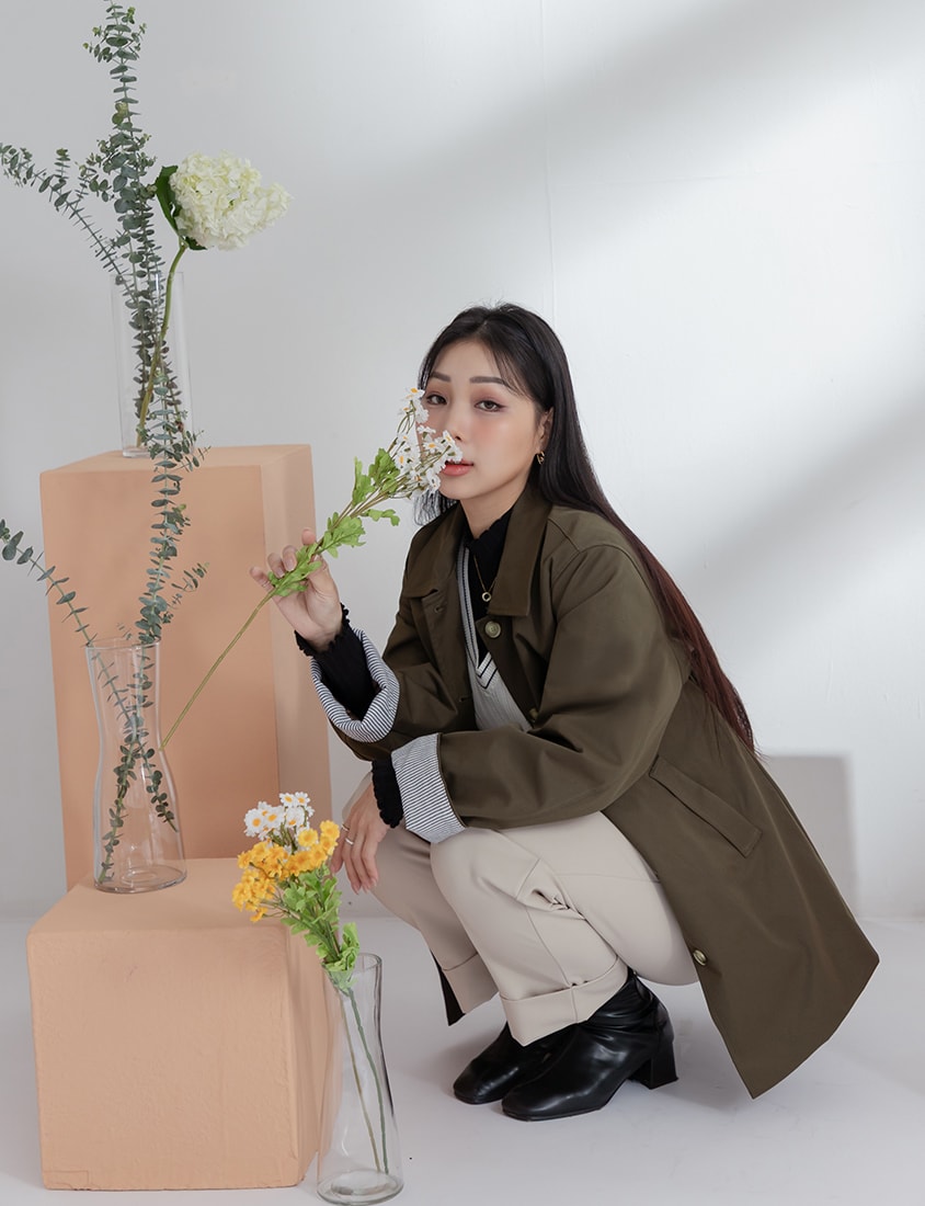 MISS.Korean Style Textured Mid-Length Plus Size Trench Coat (With Belt)