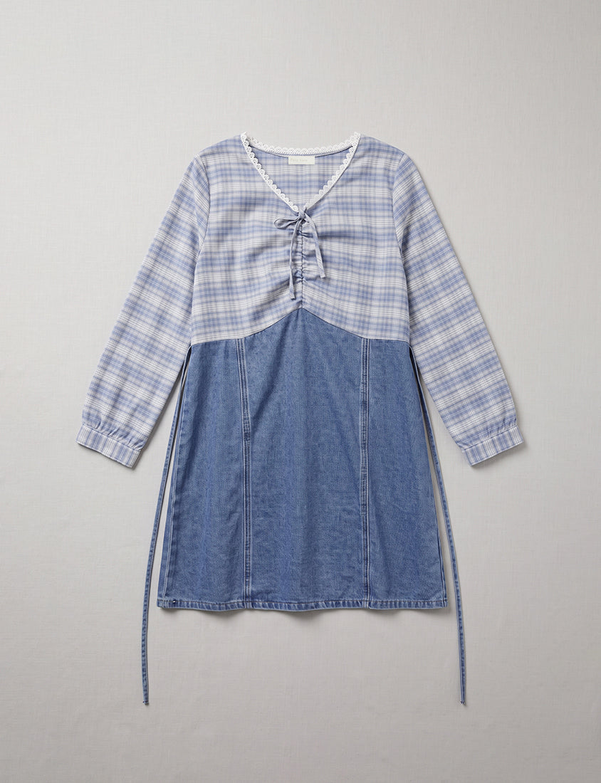 Vintage Plaid Faux Two-Piece Denim Plus Size Mini Dress