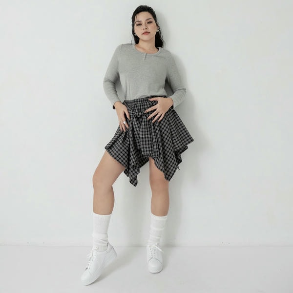 MUA! Crew Neck Button Front Slimming Ribbed Plus Size Long Sleeve Top