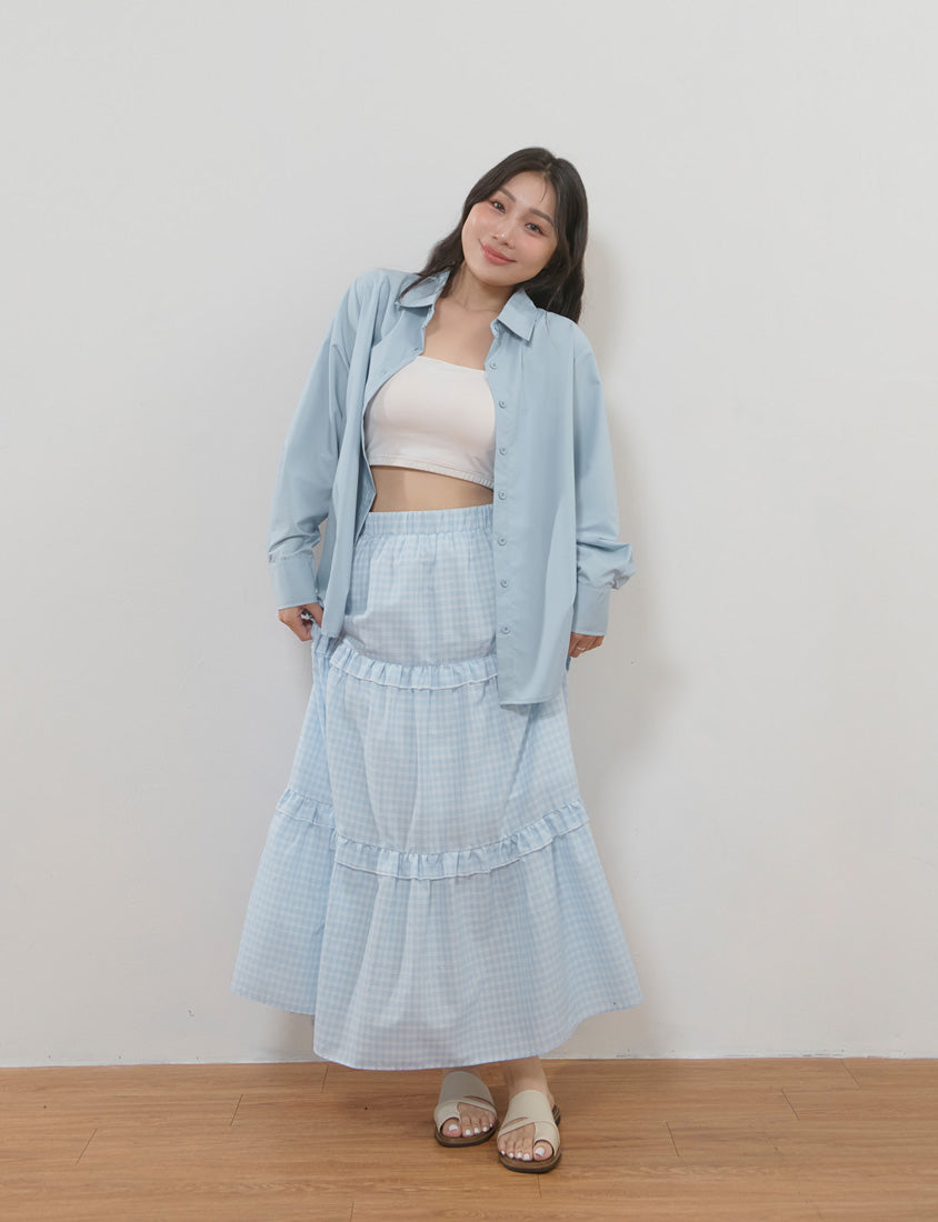 Japanese Style Sweet Tiered Plaid Plus Size Maxi Skirt