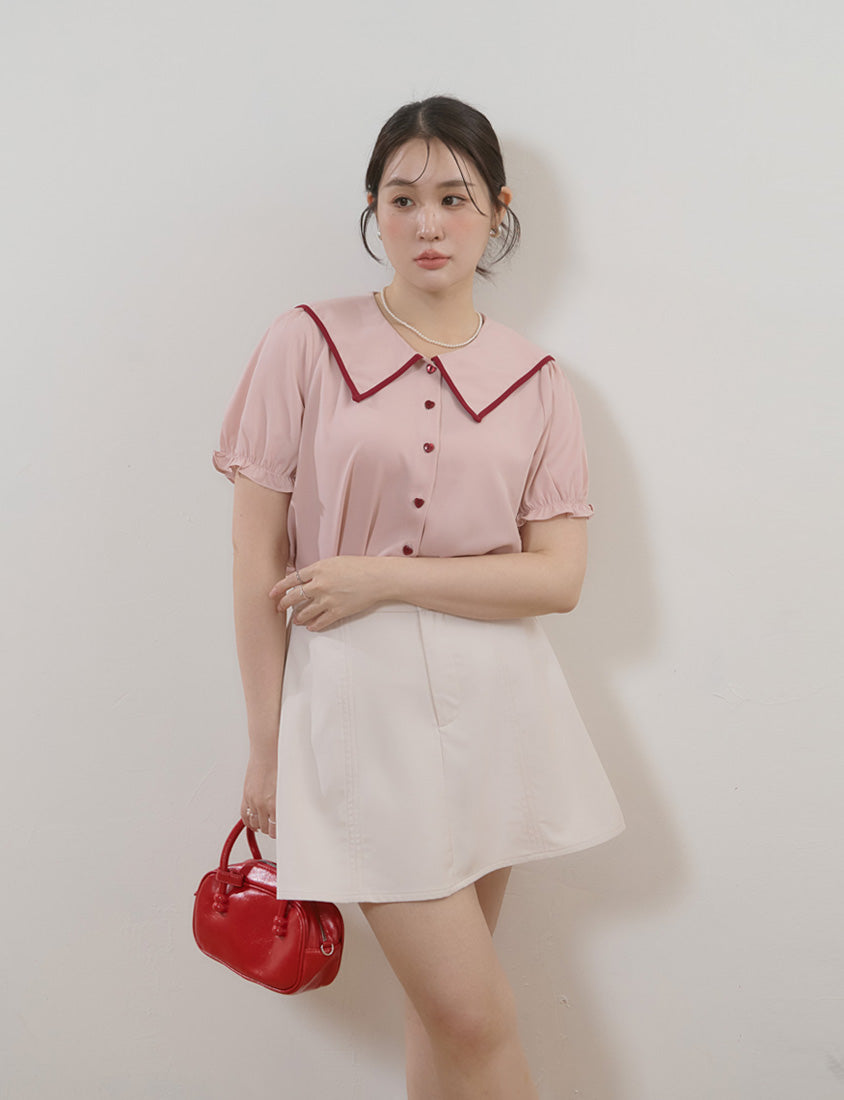 MISS. Contrast Doll Collar Heart Button Plus Size Shirt