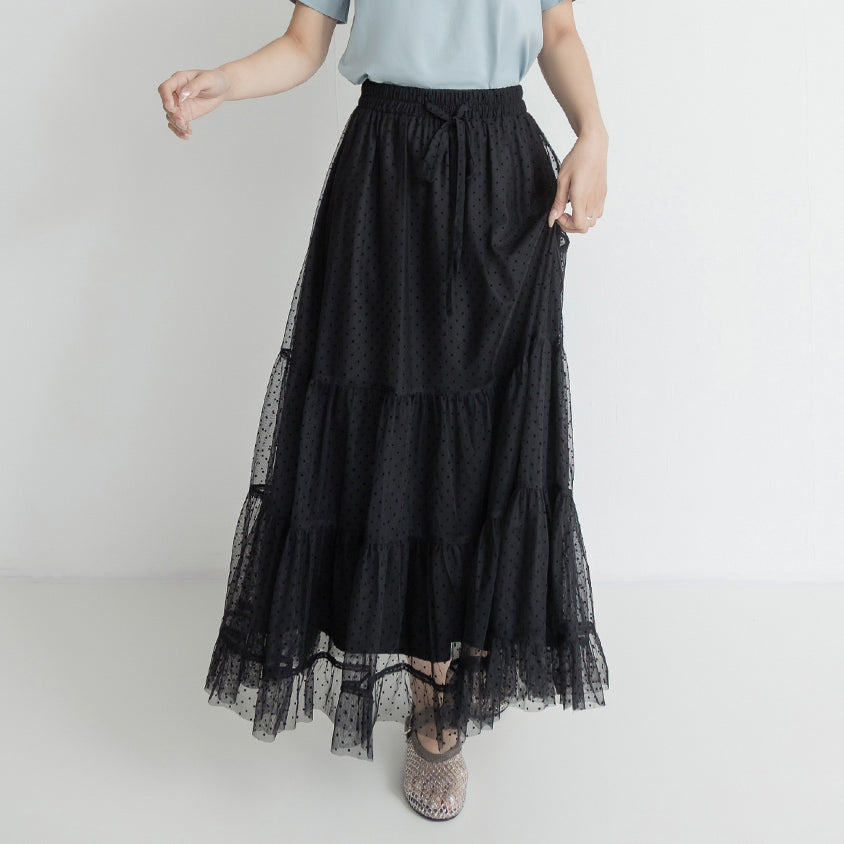 Romantic Polka Dot Tulle Tiered Plus Size Maxi Skirt