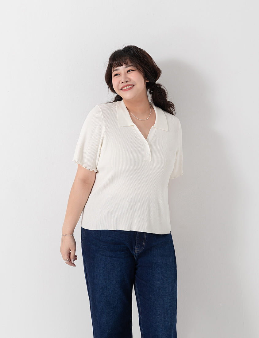 MISS. Polo Collar Ribbed Knit Plus Size Top