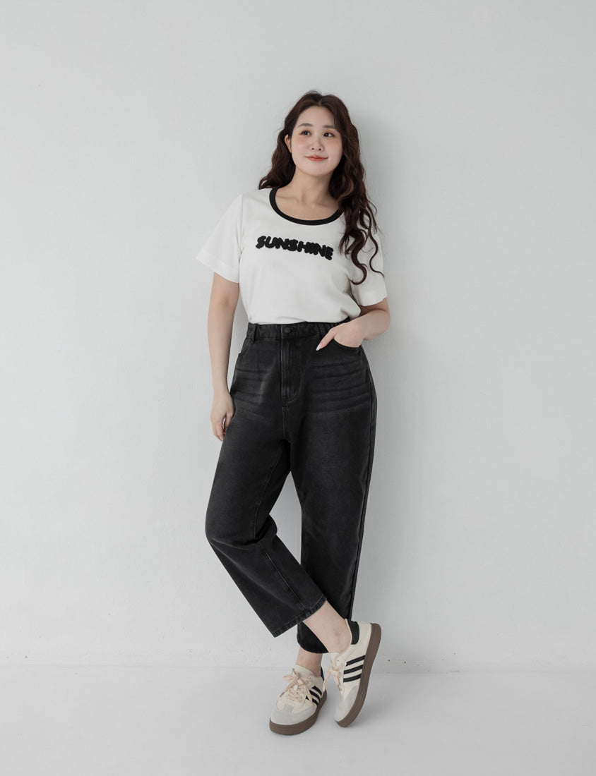 Contrast Fuzzy Embroidery Plus Size Crewneck Tee