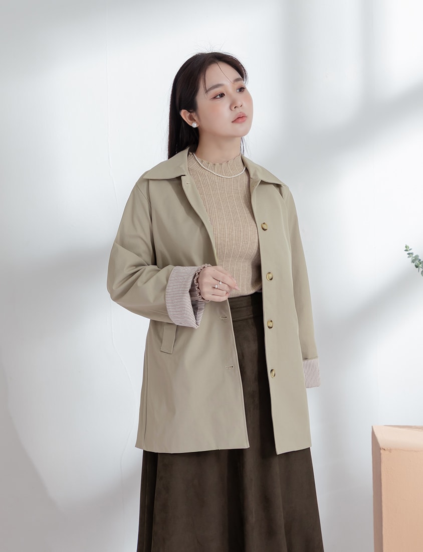 MISS.Korean Style Textured Mid-Length Plus Size Trench Coat (With Belt)