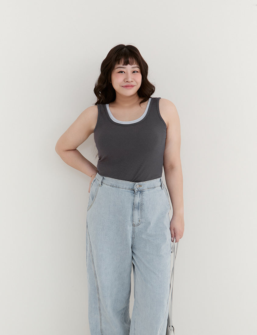 Pobra. Contrast Crew Neck Ribbed Plus Size Bra Tank Top