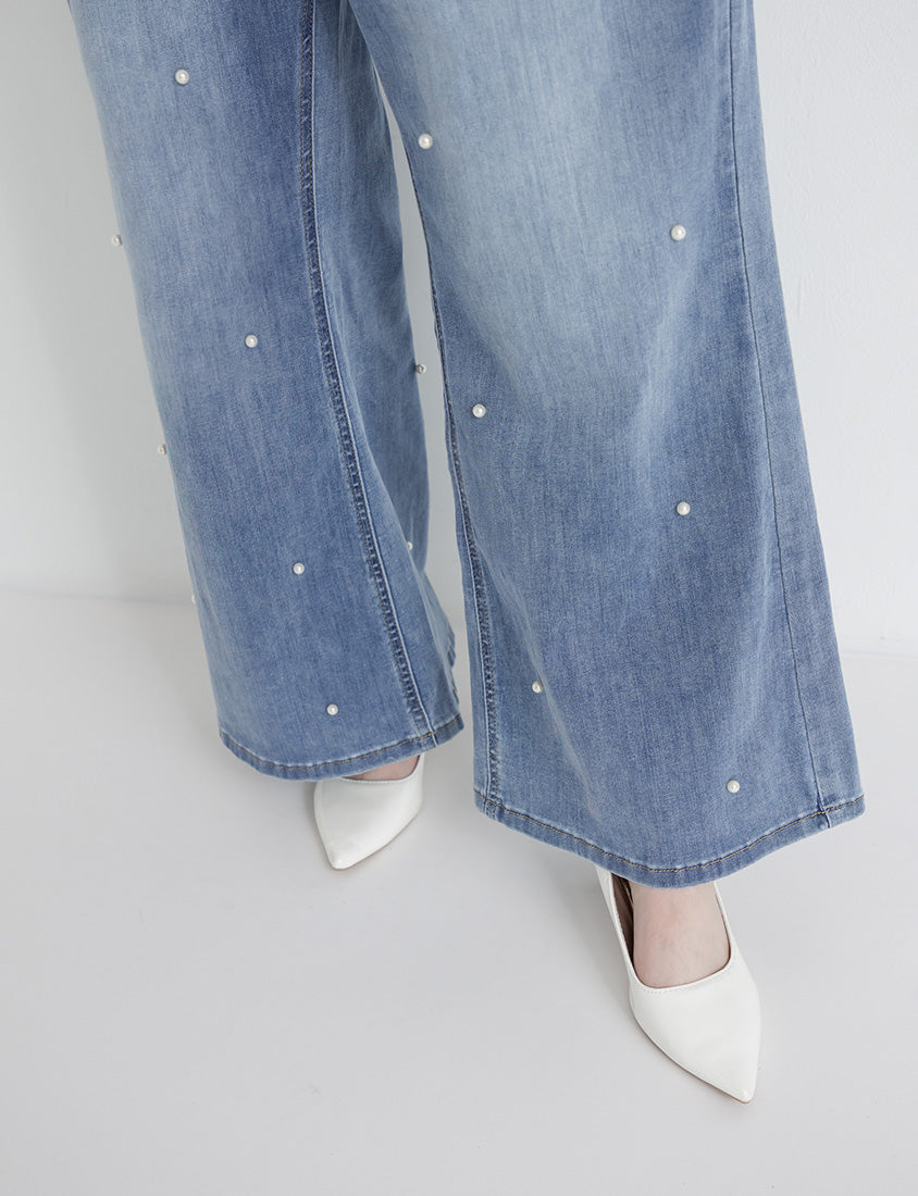 Pearl Embellished Stretch Denim Plus Size Wide Leg Pants