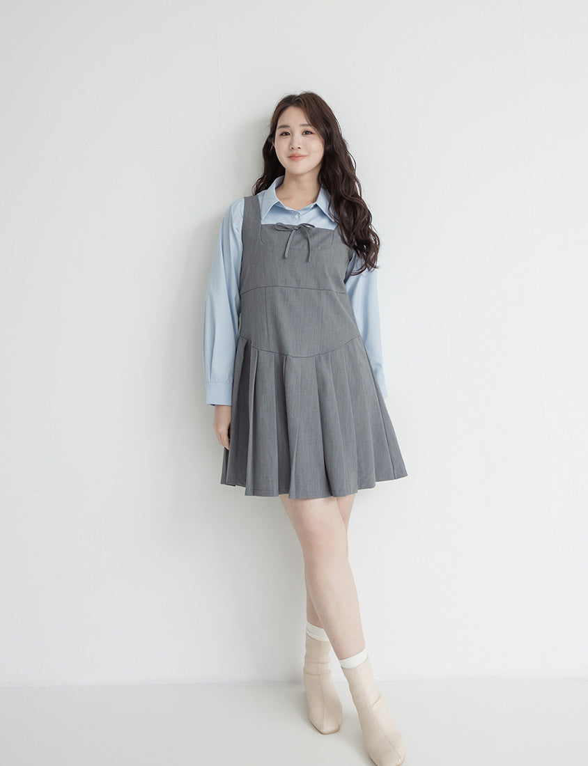 Square Neck Tie-Front Pleated Pinafore Plus Size Mini Dress