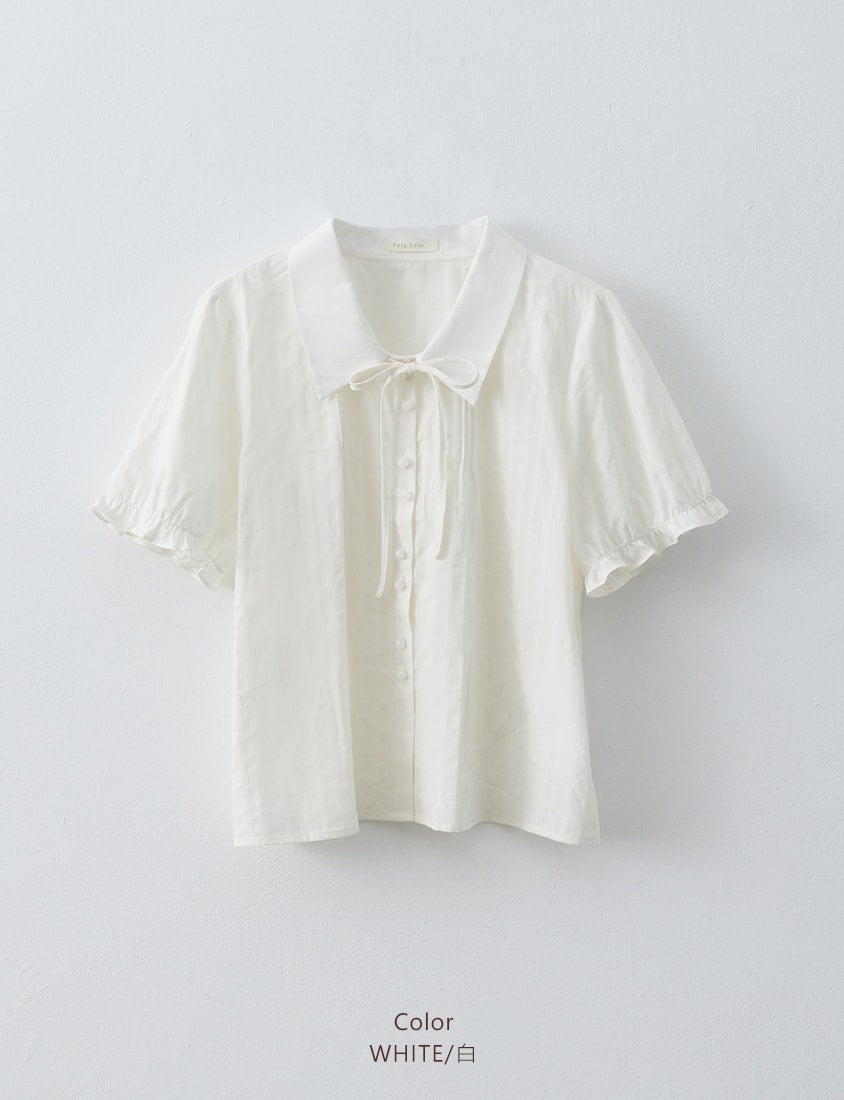 Sweet Pleated Collar Tie-Front Puff Sleeve Plus Size Shirt