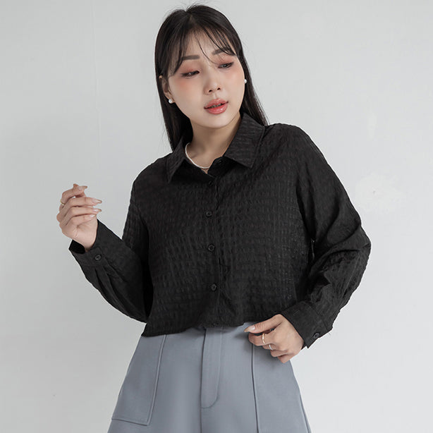 MISS. Sheer Plaid Cropped Plus Size Long Sleeve Shirt