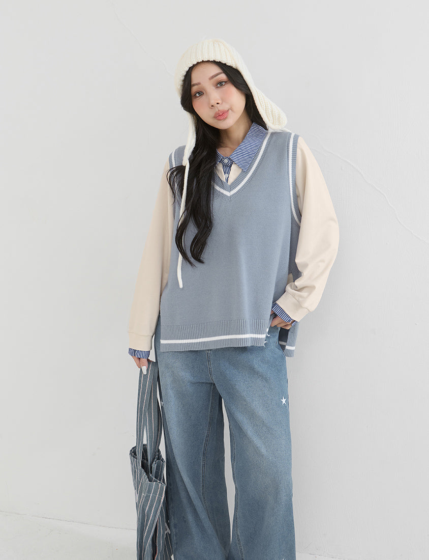 Preppy V-Neck Contrast Stripe Knit Plus Size Vest