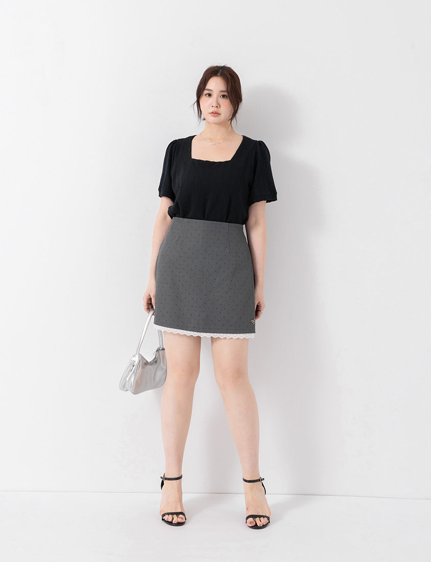 MISS. Lace Trim Polka Dot Tailored A-Line Suit Plus Size Mini Skirt