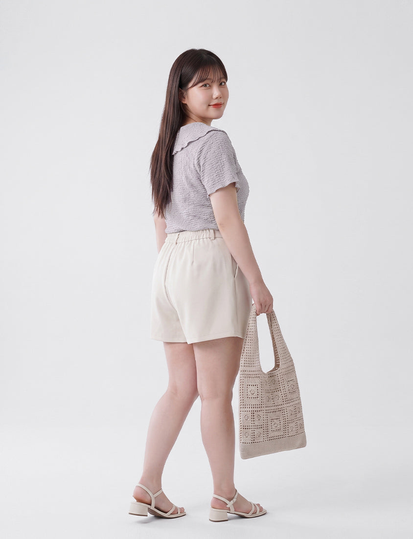 Collared Crinkle Faux Button Short Sleeve Top