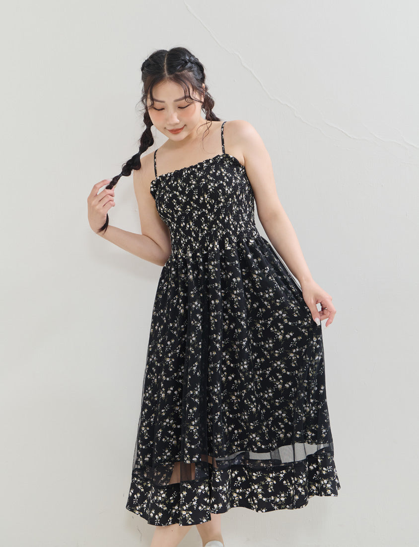 Layered Mesh Floral Adjustable Plus Size Strap Maxi Dress