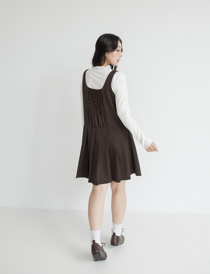 Square Neck Tie-Front Pleated Pinafore Plus Size Mini Dress