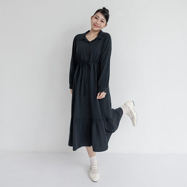 Cuban Collar Drawstring Waist Tiered Plus Size Dress