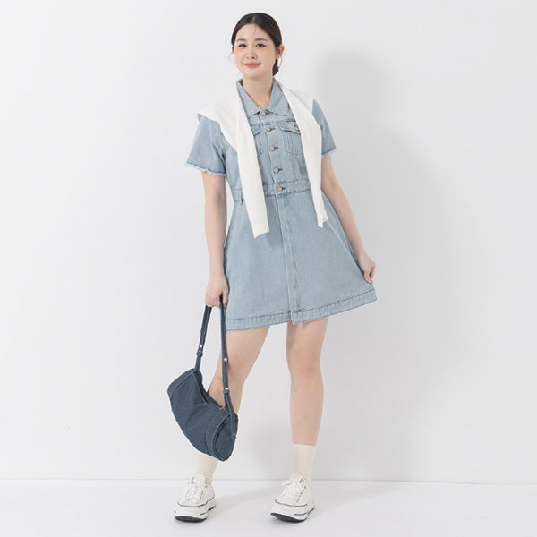 2-Way Stitch Detail Plus Size Denim Mini Dress