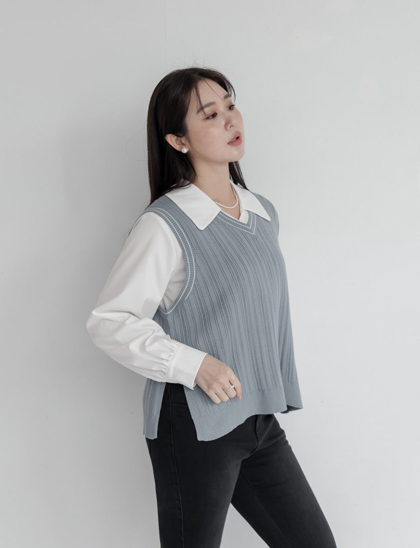 MISS. Korean Style Contrast V-Neck Plus Size Knit Vest