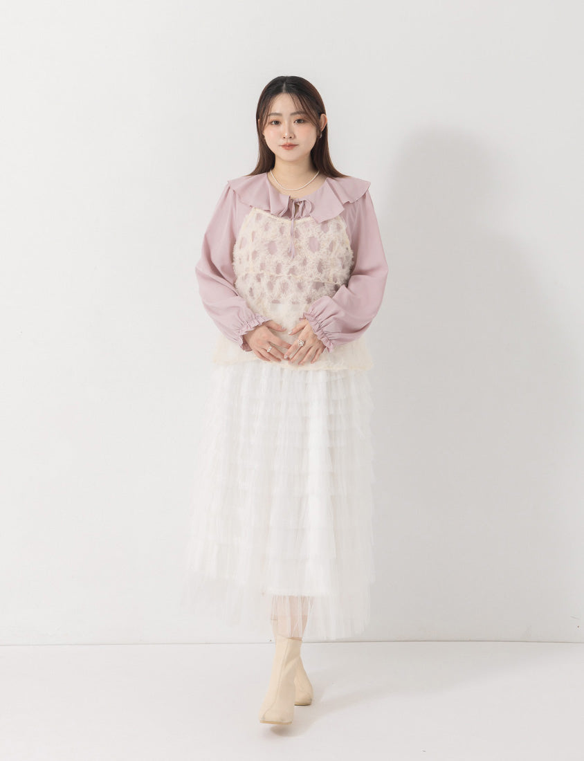 MISS. Soft Ruffle Collar Plus Size Puff Sleeve Top