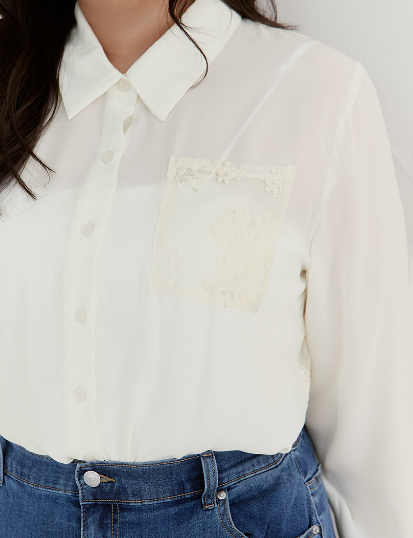 Elegant Lace Patchwork Semi-Sheer Chiffon Plus Size Shirt