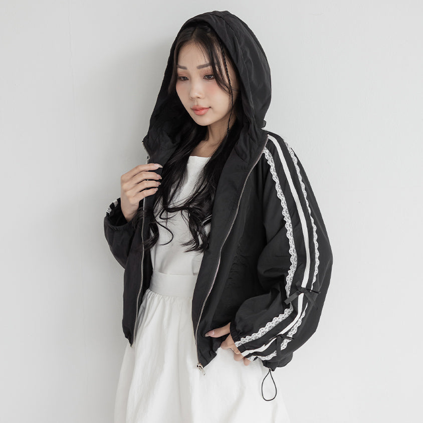 Lace Water-Repellent Hooded Plus Size Trench Coat