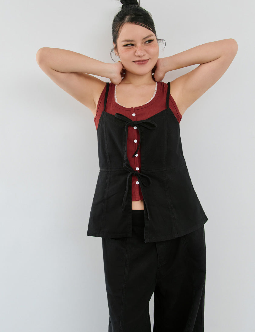 Adjustable Tie Strap Twill Layering Plus Size Camisole Vest