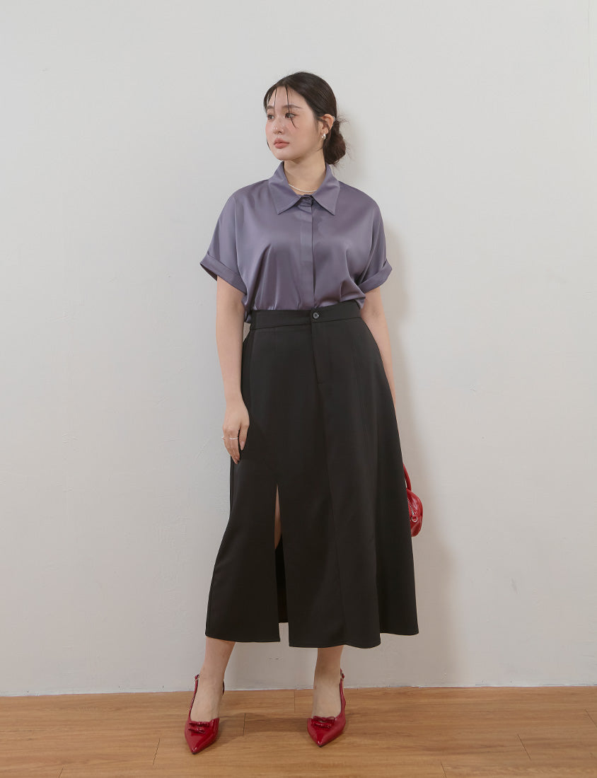 MISS. Silky Cool V-Waist Slit Tailored Plus Size Maxi Skirt