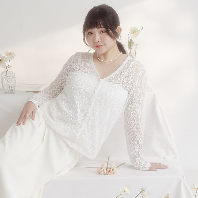 MISS. Fairy Lace Hollow Cut Button-Up Plus Size Cardigan
