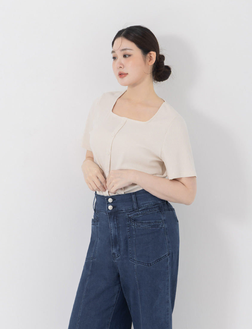 Tencel Ribbed Faux Button Square Neck Plus Size Top