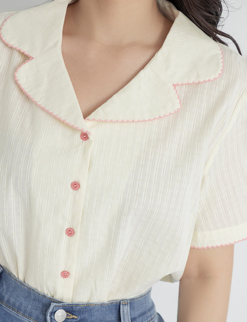 Cute Jacquard Contrast Cuban Collar Plus Size Shirt