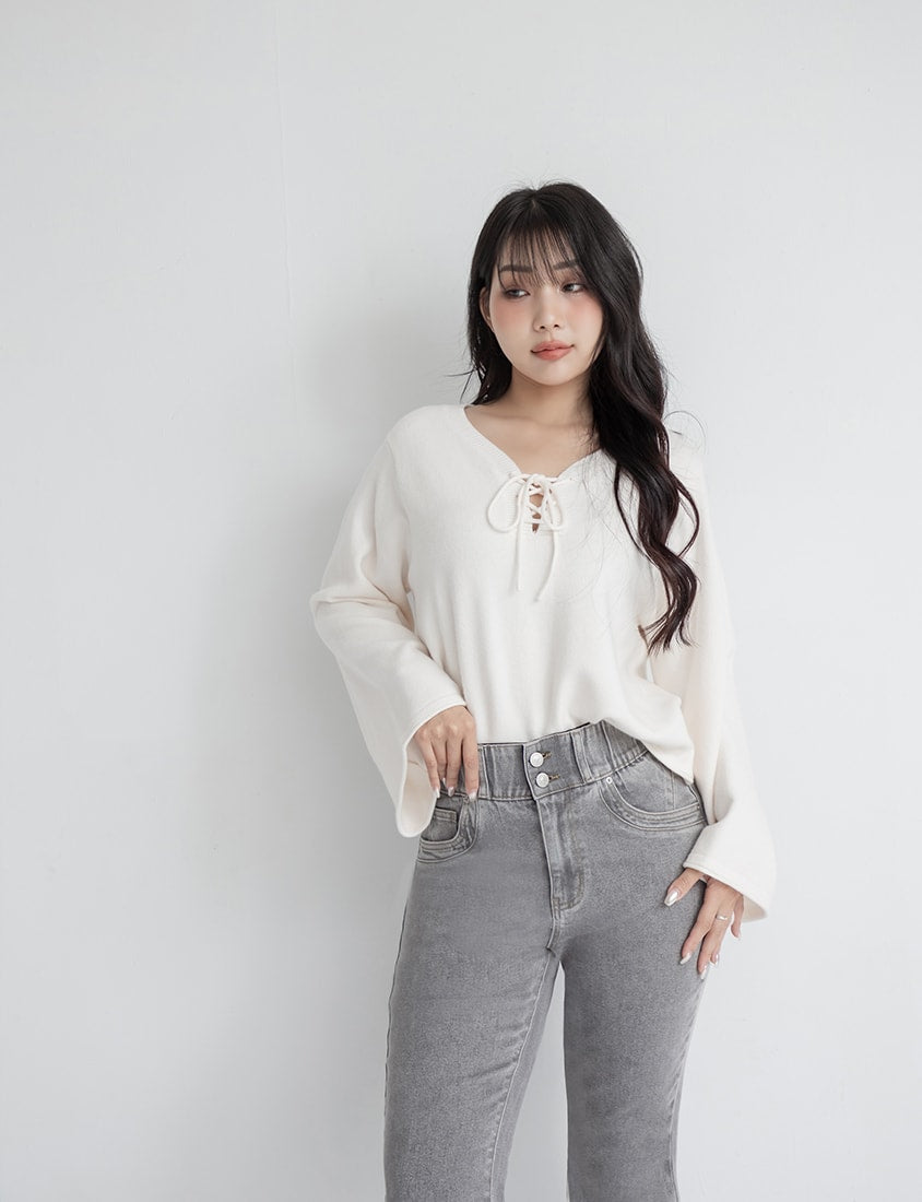 V-Neck Tie Flare Sleeve Plus Size Knit Top