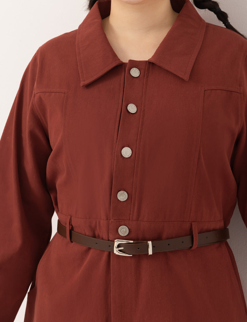 Twill Colorblock Topstitched Button-Up Plus Size Mini Dress (With Belt)
