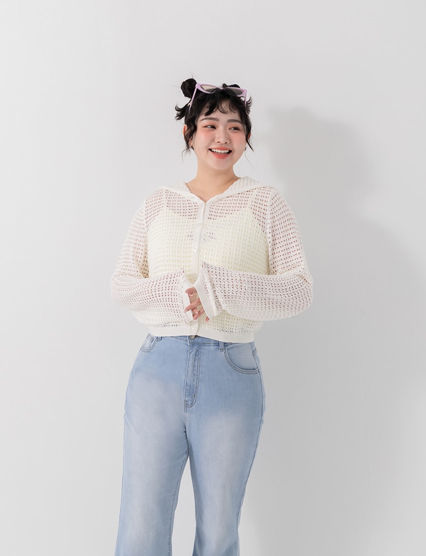 Ice Silk Button-Up Hooded Plus Size Knit Cardigan