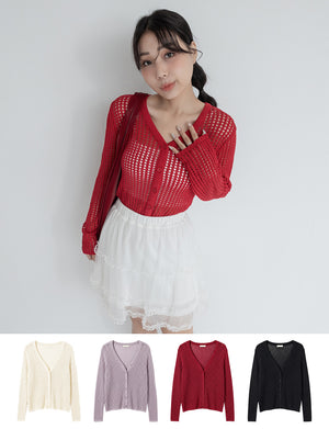 V-Neck Ice Silk Openwork Knit Plus Size Cardigan