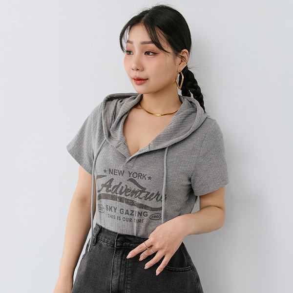 MUA! Hooded Printed Plus Size Ribbed Top