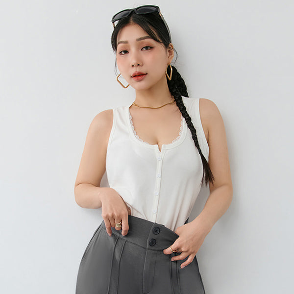 MUA! Faux Button Lace Panel Plus Size Ribbed Vest