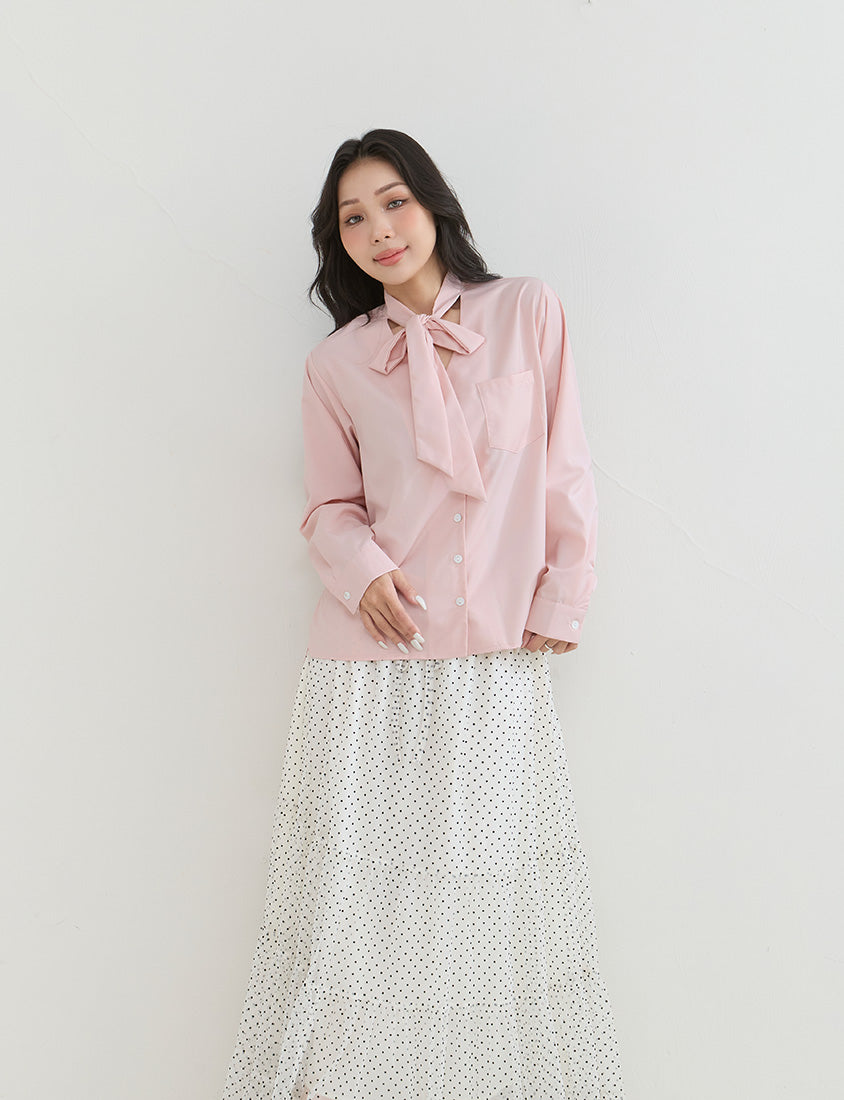 Korean Style Tie Neck Long Sleeve Plus Size Blouse